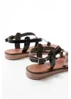 205-08 Siyah Garni  Ortopedik Hakiki Deri Kadın Sandalet