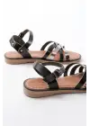 205-093 Siyah Garni Hakiki Deri Ortopedik Taban Kadın Sandalet