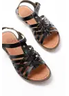 205-208 Siyah Hakiki Deri Ortopedik Taban Kadın Sandalet