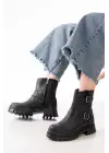 Siyah Tokalı Düz Topuklu Tokalı Fermuarlı Günlük Kadın Bot