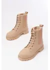 Bej Düz Topuklu Bağcıklı Lastikli Günlük Kadın Bot
