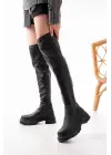 Siyah Streç Diz Üstü Fermuarlı Günlük Kadın Çizme