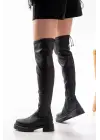 Siyah Streç Diz Üstü Fermuarlı Günlük Kadın Çizme