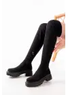 Siyah Süet Streç Diz Üstü Fermuarlı Günlük Kadın Çizme