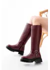 Bordo Fermuarlı Günlük Kadın Çizme