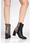 292 Siyah Yılan Desen Detaylı Fermuarlı  Yüksek Topuklu Günlük Kadın Bot