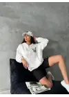 3 İplik Şardonlu Oversize Compact Kafa Baskılı Sweat Beyaz