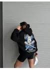 3 İplik Şardonlu Oversize Compact Kafa Baskılı Sweat Siyah