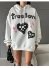 3 İplik Şardonlu Oversize Compact True Baskılı Sweat Beyaz