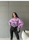 3 İplik Şardonlu Oversize Compact True Baskılı Sweat Mor