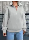 3 İplik Şardonlu Yarım Fermuarlı Sweatshirt Gri