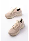 3001  Bej Bağcıklı Fileli Günlük Spor Ayakkabı