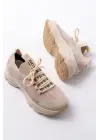 3001  Bej Bağcıklı Fileli Günlük Spor Ayakkabı