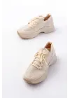 3002  Bej Bağcıklı Fileli Taş Aksesuarlı Günlük Spor Ayakkabı