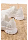 3002  Beyaz Bağcıklı Fileli Taş Aksesuarlı Günlük Spor Ayakkabı