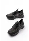 3002  Siyah Bağcıklı Fileli Taş Aksesuarlı Günlük Spor Ayakkabı