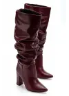 4807 Bordo Cilt Sivri Burun Körüklü Kalın Topuk Günlük Kadın Çizme