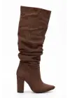 4807 Kahve Süet Sivri Burun Körüklü Kalın Topuk Günlük Kadın Çizme