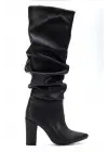 4807 Siyah Cilt Sivri Burun Körüklü Kalın Topuk Günlük Kadın Çizme