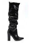 4807 Siyah Kırışık Sivri Burun Körüklü Kalın Topuk Günlük Kadın Çizme