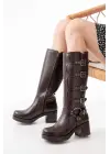 Kahverengi Topuklu Fermuarlı Toka Aksesuarlı Günlük Kadın Çizme