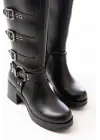 Siyah Topuklu Fermuarlı Toka Aksesuarlı Günlük Kadın Çizme