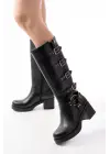 Siyah Topuklu Fermuarlı Toka Aksesuarlı Günlük Kadın Çizme