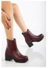 Bordo Fermuarlı Kalın Topuklu Günlük Kadın Bot