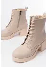 Bej Bağcıklı Fermuarlı Kalın Topuklu Günlük Kadın Bot