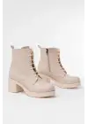 Bej Bağcıklı Fermuarlı Kalın Topuklu Günlük Kadın Bot