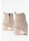 Bej Bağcıklı Fermuarlı Kalın Topuklu Günlük Kadın Bot