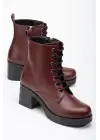 Bordo Bağcıklı Fermuarlı Kalın Topuklu Günlük Kadın Bot