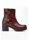 Bordo Toka Aksesuarlı Fermuarlı Kalın Topuklu Günlük Kadın Bot
