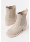 Bej Lastikli Fermuarlı Kalın Topuklu Günlük Kadın Bot