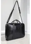 Unisex Lüx Macbook Organizer 15.6-16 İnç Kroko Siyah Laptop Evrak Çantası