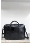 Unisex Lüx Macbook Organizer 15.6-16 İnç Kroko Siyah Laptop Evrak Çantası