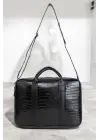 Unisex Lüx Macbook Organizer 15.6-16 İnç Kroko Siyah Laptop Evrak Çantası