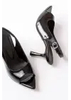 717 Siyah Rugan Sivri Burunlu Topuklu Kadın Sandalet