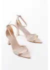 718 Bej Cilt Sivri Burunlu Topuklu Bilekten Bağlamalı Kadın Ayakkabı
