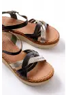 730-037 Siyah Ayna Hakiki Deri Ortopedik Taban Kadın Sandalet
