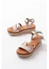 730-044 Bej Garni Ortopedik Örgü Desenli Hakiki Deri Dolgu Kadın Sandalet