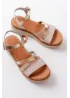 730-044 Bej Garni Ortopedik Örgü Desenli Hakiki Deri Dolgu Kadın Sandalet