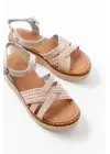 730-138 Bej Örgü  Hakiki Deri Ortopedik Taban Kadın Sandalet