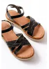730-138 Siyah Örgü Hakiki Deri Ortopedik Taban Kadın Sandalet