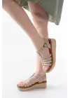 730-142 Bej Hakiki Deri Ortopedik Taban Kadın Sandalet
