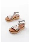 730-142 Bej Hakiki Deri Ortopedik Taban Kadın Sandalet