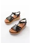 730-142 Siyah Hakiki Deri Ortopedik Taban Kadın Sandalet