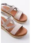 730-152 Bej Örgü Desenli Hakiki Deri Ortopedik Taban Kadın Sandalet