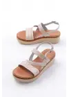 730-152 Bej Örgü Desenli Hakiki Deri Ortopedik Taban Kadın Sandalet