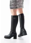 767-3005 Siyah Toka Aksesuarlı Fermuarlı Günlük Kalın Topuklu Kadın Bot